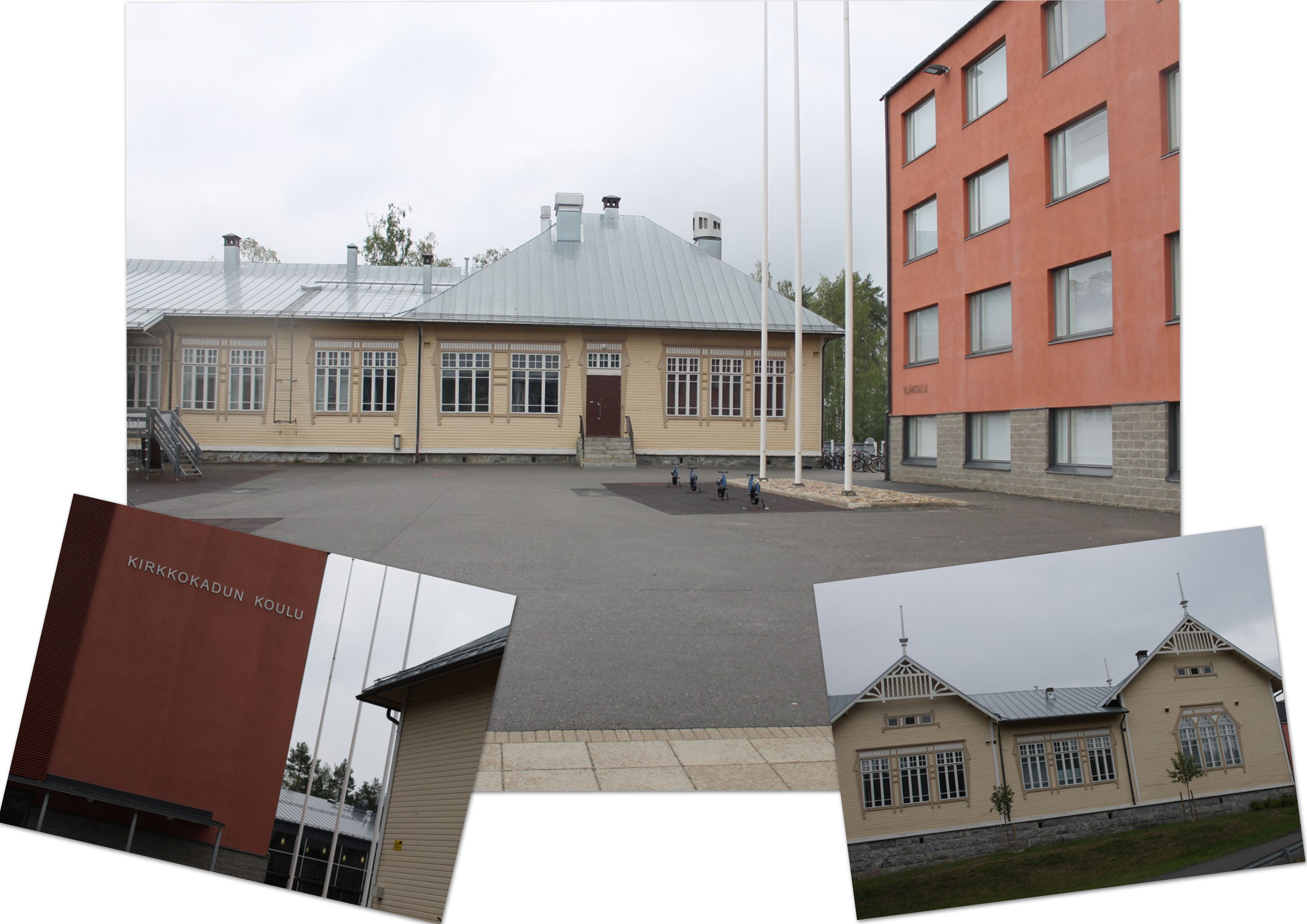 Kolmessa kuvassa koulu eri kuvakulmista