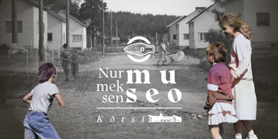 Linkkikuva, jossa on lapsia ja Nurmeksen museon logo mustavalkoisen Itäkauppalan kuvan päällä