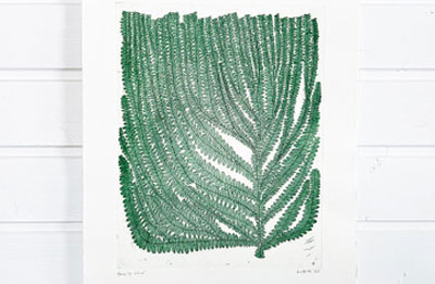 Kuvassa Katja Kuittisen grafiikkateos, jossa tummanvihreä liekon kaltainen kasvi.